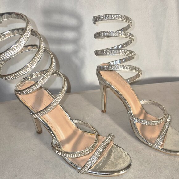 Lov Mark Spiral leg wrap 4" heels, silver and rhinestone in size 6.5 - Picture 12 of 16